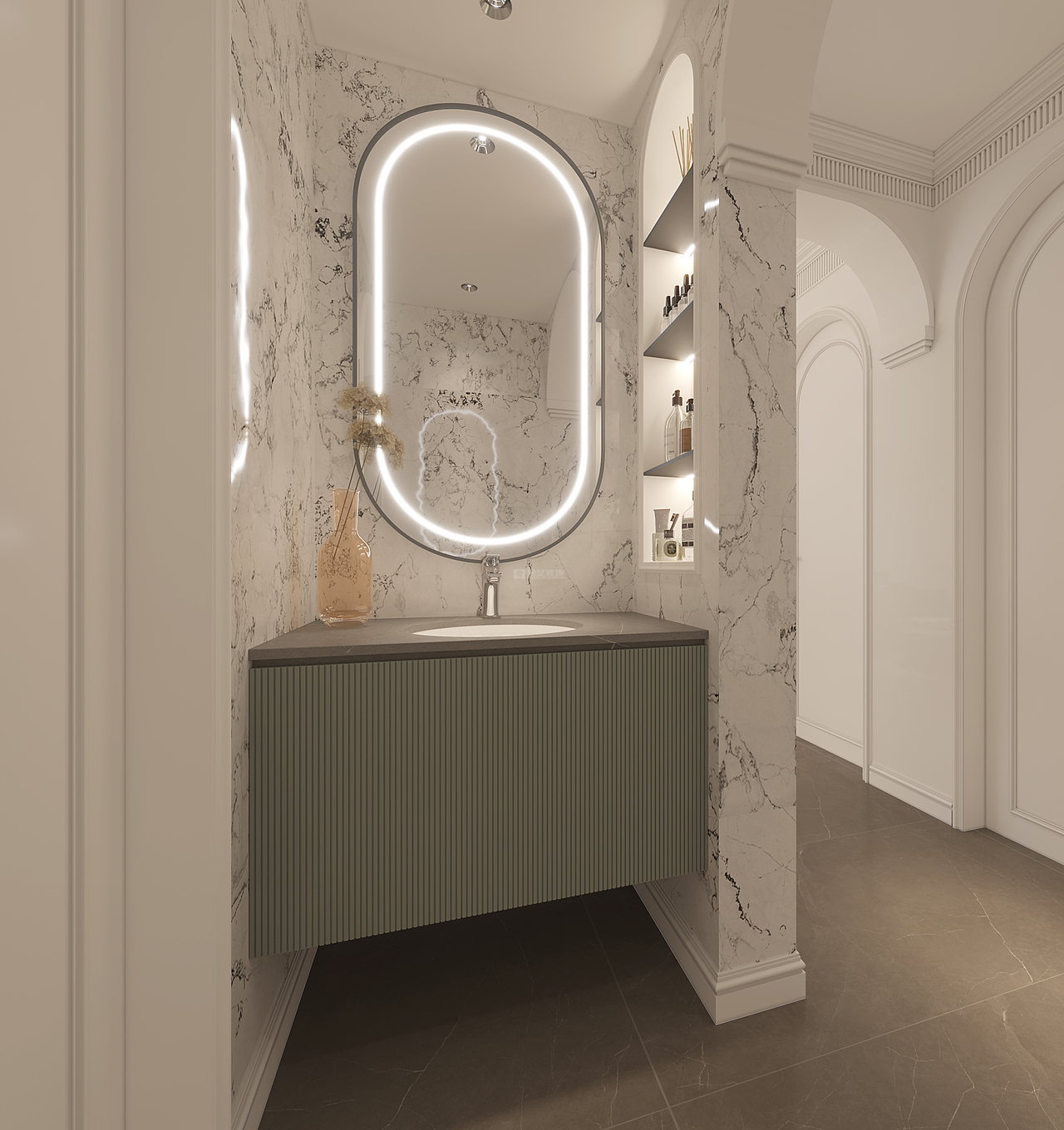 卫生间使用大理石为材料，呈现出大气的空间感与浑然天成的纹理，轻松营造轻奢感。精致的弧形镜子，独具秩序的呼吸感，展现了空间的几何魅力。